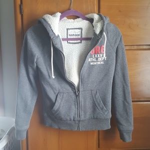 Sherpa Garage hoodie, grey zip up sweatshirt
